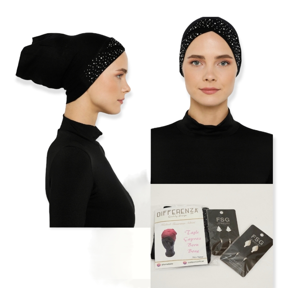 5 pieces set hijab, rhinestones bonnet/under scarf & safety pins
